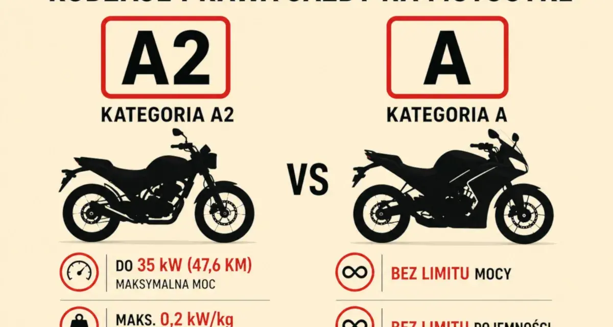 Porównanie kategorii prawa jazdy na motor: A2 (do 35 kW) vs A (bez limitu mocy i pojemności).