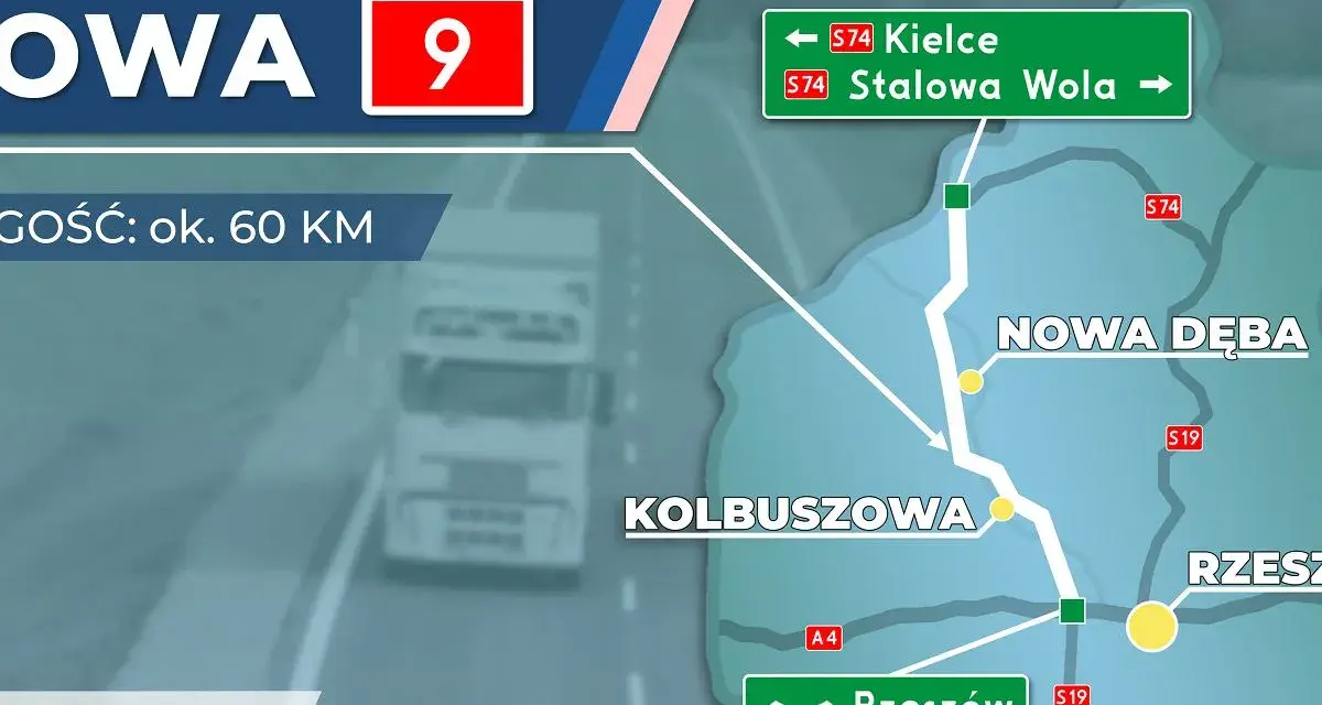 Mapa z zaznaczoną drogą krajową nr 9, prowadzącą przez Nową Dębę i Kolbuszową. Widać też kierunki na Kielce i Stalową Wolę.