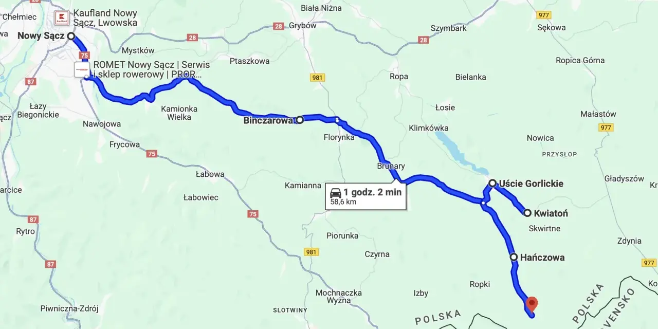 Mapa drogowa Podkarpacia z zaznaczoną trasą motocyklową od Nowego Sącza do okolic Hańczowej.