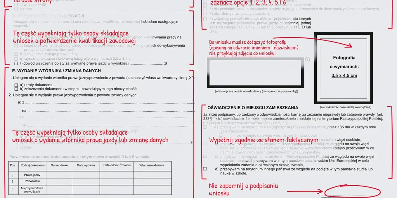 Formularz wniosku o wydanie prawa jazdy, z zaznaczonym polem "zgubione prawo jazdy".