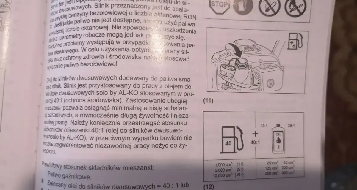 Prawidłowy stosunek oleju do benzyny dla silników dwusuwowych to 40:1 lub 25:1, zależnie od producenta oleju.