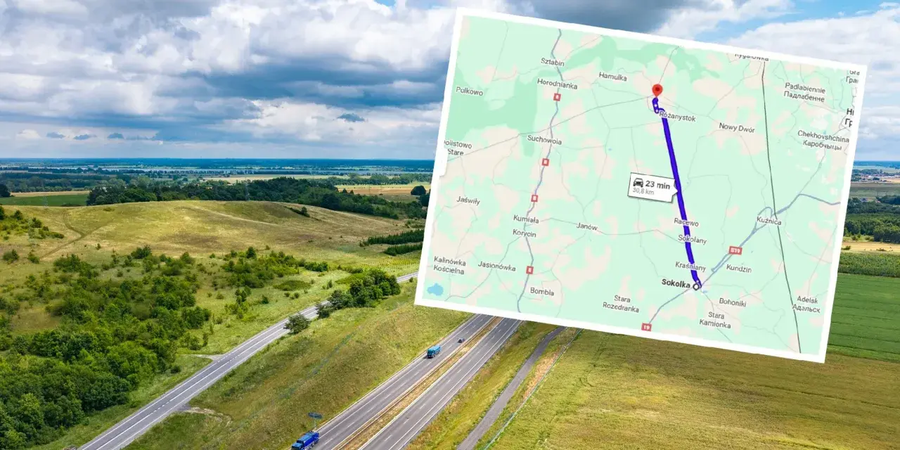 Mapa z zaznaczoną trasą S19, najdłuższa prosta droga w Polsce, prowadzi przez malownicze tereny Podlasia.