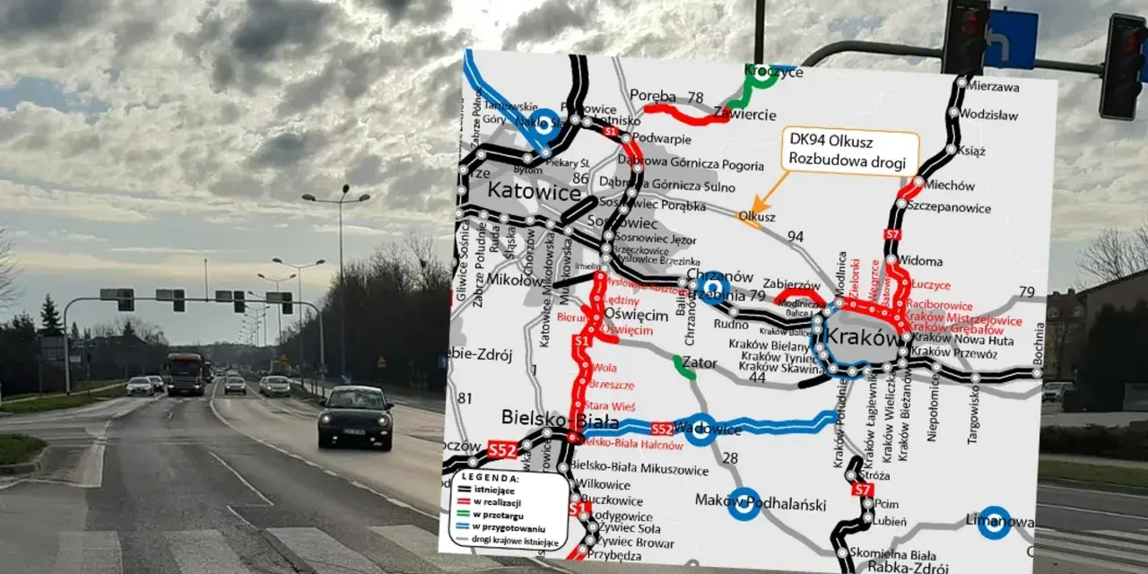 Mapa drogowa z zaznaczoną rozbudową DK94 Olkusz. Widok na ruchliwą trasę z samochodami i sygnalizacją świetlną.