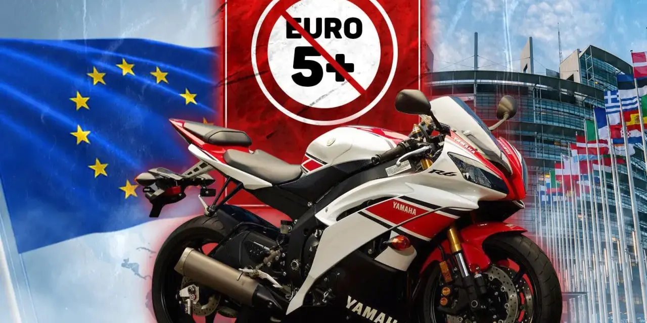 Sportowy motocykl Yamaha obok flagi UE i zakazu EURO 5.
