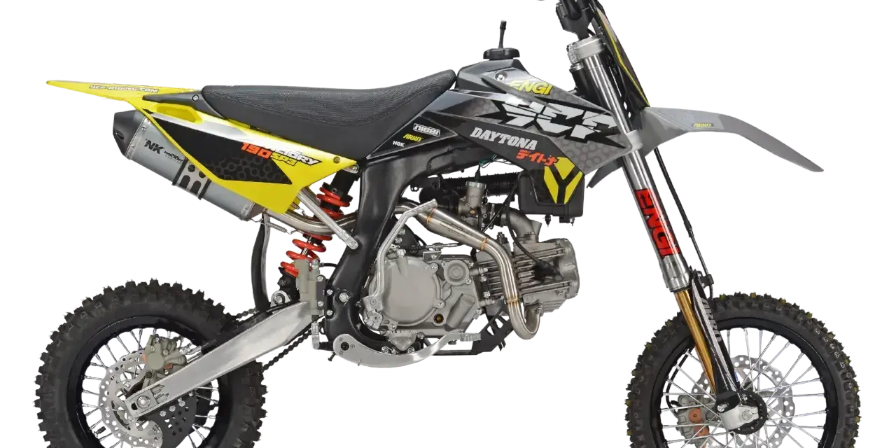 Daytona 190 SPS – jaki motocykl na 190 wzrostu? Ten żółto-szary pit bike z czarnym siedzeniem i oponami terenowymi wygląda na idealny do zabawy.