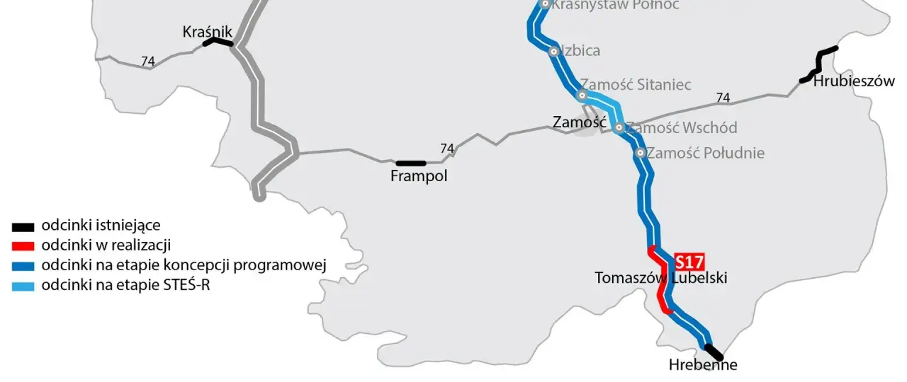 Mapa przedstawia przebieg drogi ekspresowej S17, z zaznaczonymi odcinkami istniejącymi (czarne), w realizacji (czerwone) oraz w fazie koncepcji (niebieskie).