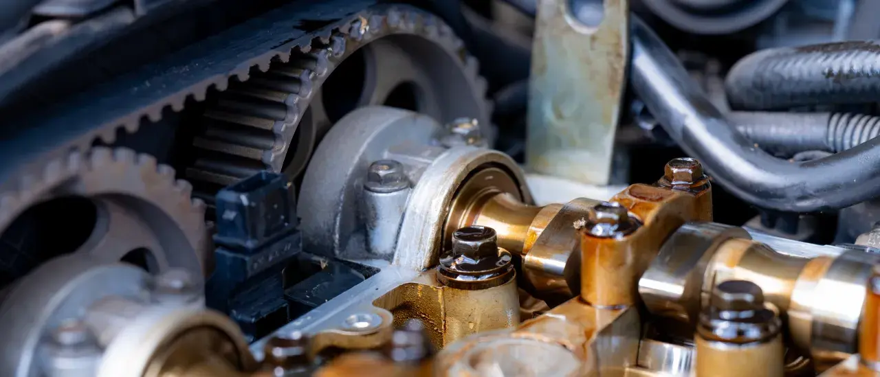 Widok mechanizmu rozrządu silnika. Uszkodzony napinacz łańcucha rozrządu może objawiać się stukaniem i nierówną pracą silnika.