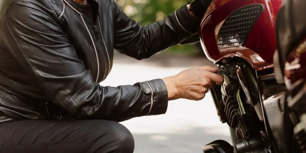 Kobieta w skórzanej kurtce sprawdza regulator napięcia w motocyklu.