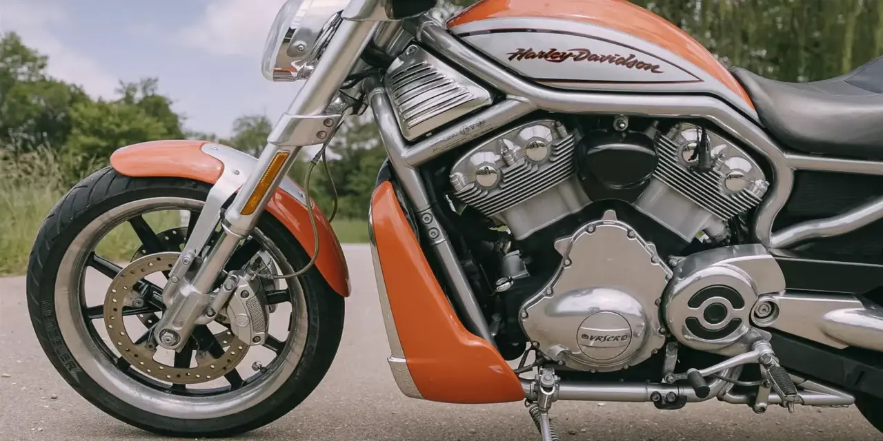 Pomarańczowy Harley-Davidson z serii V-Rod, potężny muscle bike, gotowy na jazdę.
