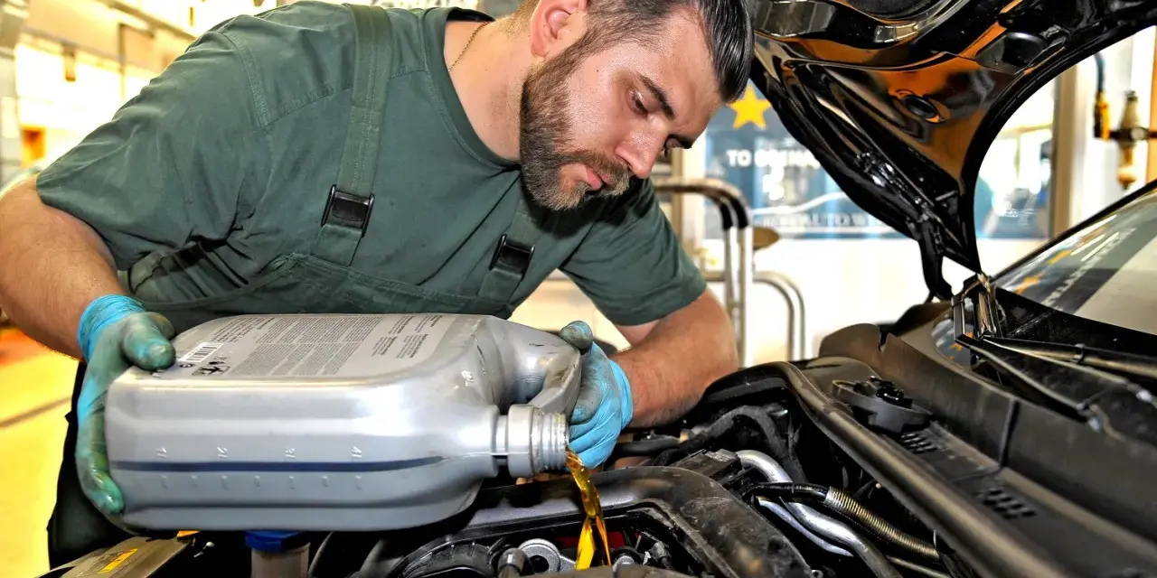 Mechanik w zielonym kombinezonie i niebieskich rękawiczkach nalewa olej do silnika. W tle widać napis "2 t".