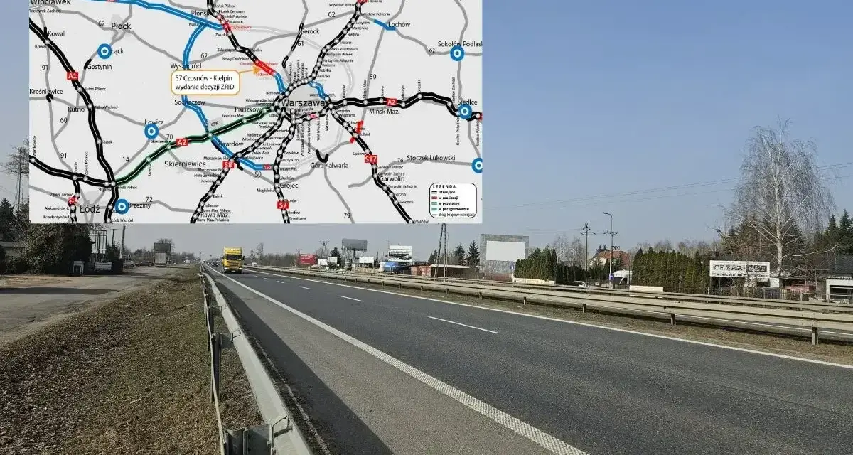 Mapa drogowa z zaznaczoną trasą S7 i widokiem na drogę ekspresową.