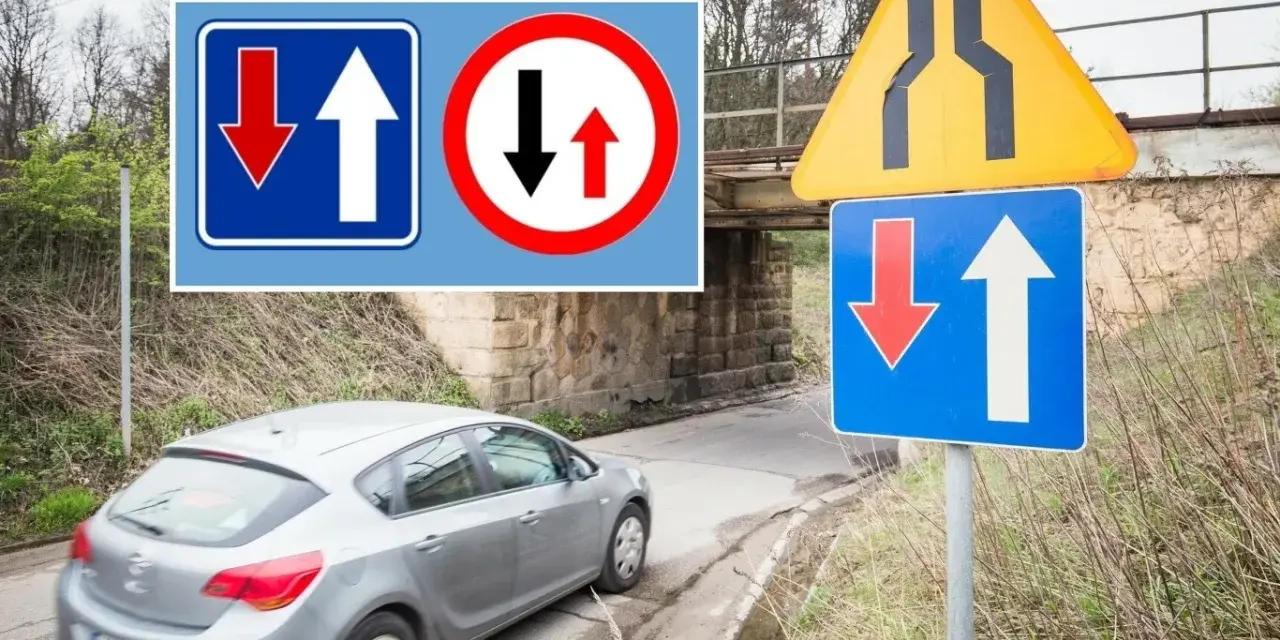 Znaki drogowe informują o pierwszeństwie na zwężonym odcinku jezdni. Samochód zbliża się do miejsca, gdzie ruch jest utrudniony.