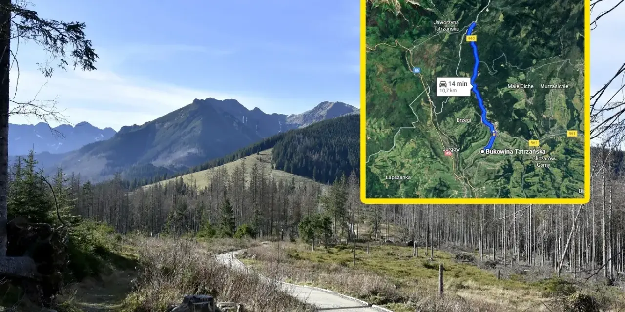 Malownicza droga w górach, prowadząca do najwyżej położonej drogi w Polsce. Widok na Tatry i mapę z trasą.