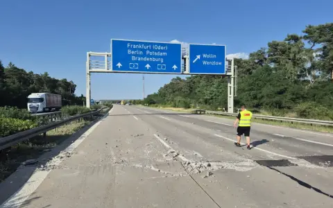 Uszkodzona autostrada A2 Niemcy. Na drodze leżą gruzy, a pracownik w kamizelce odblaskowej ogląda zniszczenia.