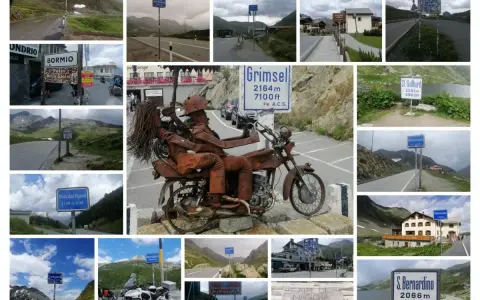 Kolaż zdjęć z górskich przełęczy, m.in. Grimsel, St. Gotthard, S. Bernardino, Furkapass, Pass dal Fuorn. Widać znaki drogowe, krajobrazy i rdzawy motocykl.
