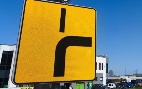 Żółty znak drogowy informuje o drodze z pierwszeństwem łamanym, gdzie główna droga skręca w prawo.