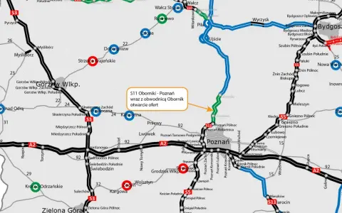 Mapa drogowa Polski, ukazująca drogę do poznania przez sieć autostrad i dróg krajowych, z zaznaczonymi miastami i węzłami.
