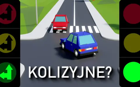 Sygnalizacja świetlna kolizyjna i bezkolizyjna: czerwone, żółte i zielone światła z kierunkowskazami. Dwa samochody na drodze.