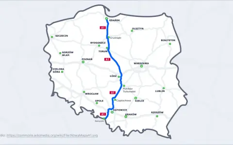 Mapa Polski z zaznaczoną autostradą A1, pokazującą jej długość i połączenia z głównymi miastami.