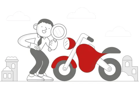 Facet z lupą bada czerwony motocykl, zastanawiając się, ile kosztuje przegląd motocykla.