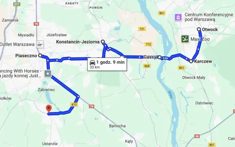 Trasy motocyklowe Warszawa: Pętla przez Piaseczno, Konstancin-Jeziorna, Gassy, Karczew i Otwock. 33 km, 1h 9 min.
