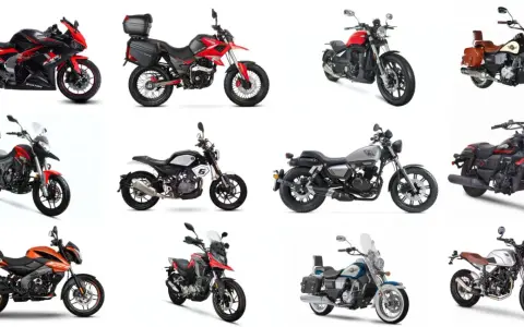 Kolekcja różnorodnych chińskich motocykli: sportowe, turystyczne, klasyczne i terenowe.