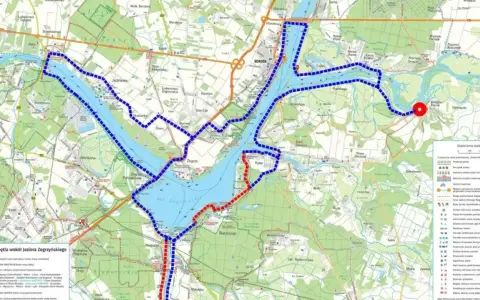 Trasa rowerowa wokół Jeziora Zegrzyńskiego, z zaznaczonym miastem Serock na trasie Pułtusk Węgrów.
