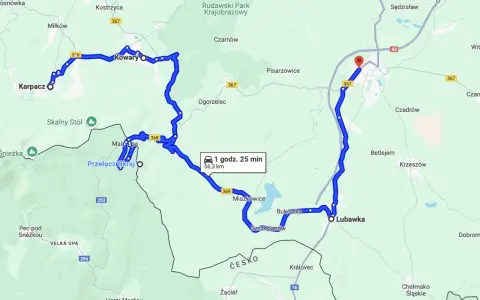 Trasy motocyklowe Dolny Śląsk: pętla przez Karpacz, Kowary, Przełęcz Okraj i Lubawkę. Widok mapy z zaznaczoną trasą.