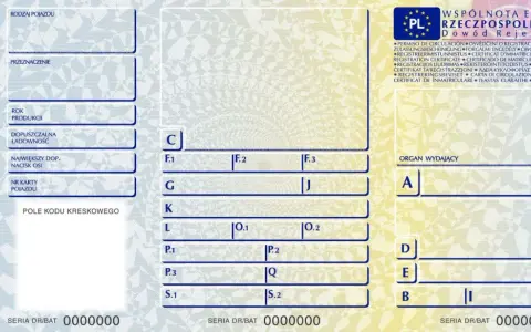 Miękki dowód rejestracyjny z danymi pojazdu, takimi jak rok produkcji, ładowność i numer karty pojazdu. Widoczne pola na wpisanie informacji.