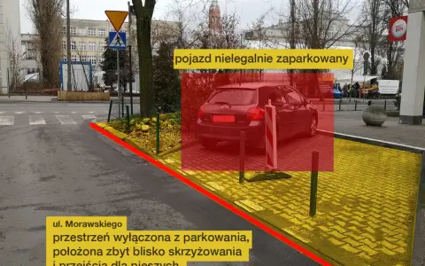 Samochód zaparkowany zbyt blisko skrzyżowania i przejścia dla pieszych. Przestrzeń wyłączona z parkowania.