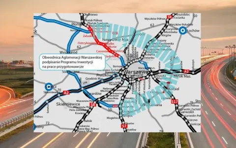Mapa drogowa z zaznaczoną trasą S50, obwodnicą aglomeracji warszawskiej, oraz autostradą A2 i S8.