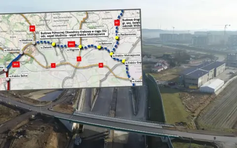 Mapa pokazuje budowę Północnej Obwodnicy Krakowa w ciągu S52, od węzła Modlnica do węzła Kraków Mistrzejowice.