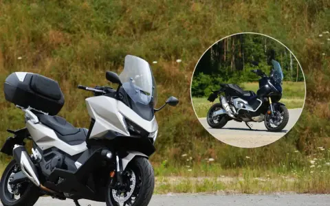 Srebrny skuter Honda Forza 750 z kufrem, w tle okrągłe zdjęcie czarnego modelu. Idealny do szybkiej jazdy, sprawdzamy honda forza 750 prędkość maksymalna.
