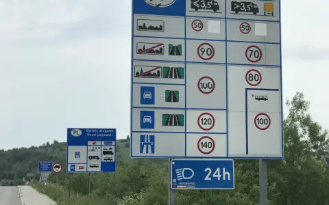 Znaki drogowe w Polsce: ograniczenie prędkości dla samochodów osobowych, ciężarowych i motocykli. Obowiązują różne limity prędkości w zależności od pojazdu i drogi.