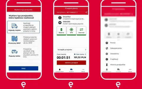 Aplikacja do obsługi autostradą A2 opłaty e-toll. Wybór typu pojazdu, szczegóły przejazdu i stan konta.