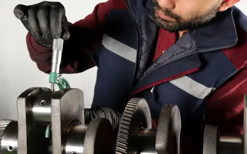 Mechanik mierzy wał korbowy, sprawdzając, czy nie ma uszkodzonej panewki.