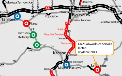 Mapa drogowa z zaznaczonymi miastami: Rzeszów, Krosno, Sanok, Jasło, Pilzno, Tarnów, Brzesko, Nowy Sącz, Przemyśl. Trasa S19 i A4.