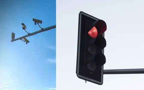 System red light zatrzymuje ruch. Po lewej kamery monitorujące, po prawej czerwone światło sygnalizatora.