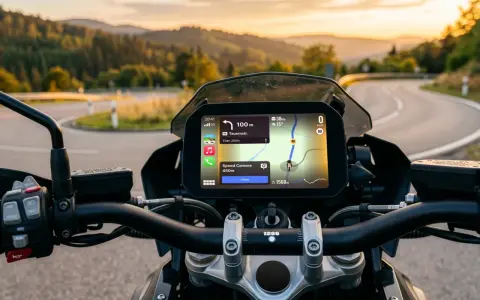 Nawigacja na motocyklu z Google Maps w trybie motocyklowym. Widok na zakręconą drogę w górach o zachodzie słońca.