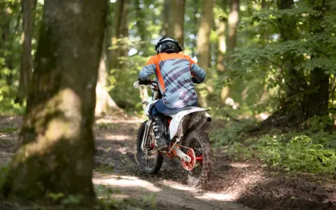 Motocyklista w kasku i kolorowej bluzie pędzi leśnym szlakiem. Od ilu lat można jeździć crossem? Odpowiedź zależy od przepisów i umiejętności.
