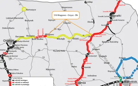 Mapa drogowa z zaznaczoną drogą S16, łączącą Mrągowo, Orzysz i Ełk. Widoczne są również inne drogi krajowe i wojewódzkie.