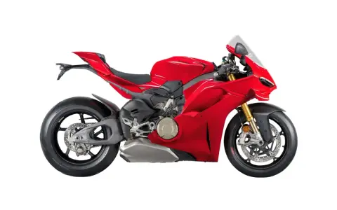 Czerwony motocykl Ducati Panigale V4, gotowy do podboju toru wyścigowego.