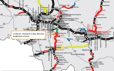 Mapa drogowa z zaznaczoną trasą S1 między Bieruniem a Oświęcimiem, z informacją o podpisaniu umowy.