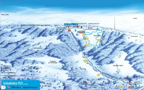 Mapa narciarska Gubałówki z trasami, wyciągami i atrakcjami. Widok z lotu ptaka na ośnieżone stoki i lasy.