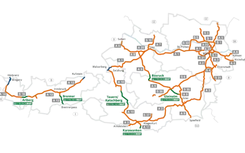 Mapa Austrii z zaznaczonymi autostradami i drogami płatnymi. Planujesz podróż w 2025 roku? Sprawdź, gdzie potrzebne są winiety Austria 2025.