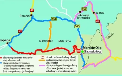 Mapa dróg z Zakopanego do Morskiego Oka. Zakopianka z objazdami i ruchem wahadłowym.