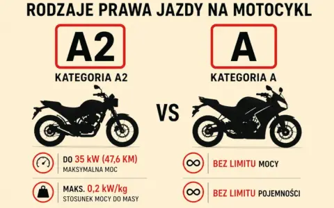 Porównanie kategorii prawa jazdy na motor: A2 (do 35 kW) vs A (bez limitu mocy i pojemności).