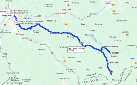 Mapa drogowa Podkarpacia z zaznaczoną trasą motocyklową od Nowego Sącza do okolic Hańczowej.