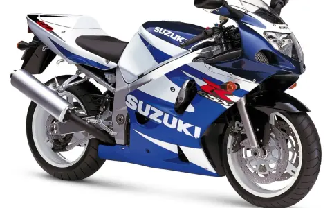 Suzuki GSX-R 600 SRAD w niebiesko-białych barwach, gotowy do jazdy po torze.