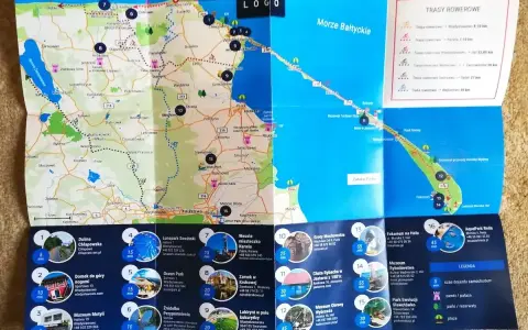 Trasa rowerowa Jastrzębia Góra - Władysławowo, z zaznaczonymi atrakcjami i punktami widokowymi.